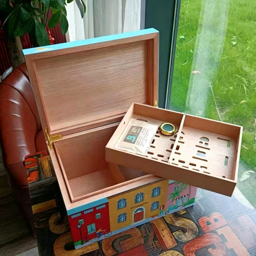 Colorful City Illustration Cigar Humidor | Spanish Cedar Lined