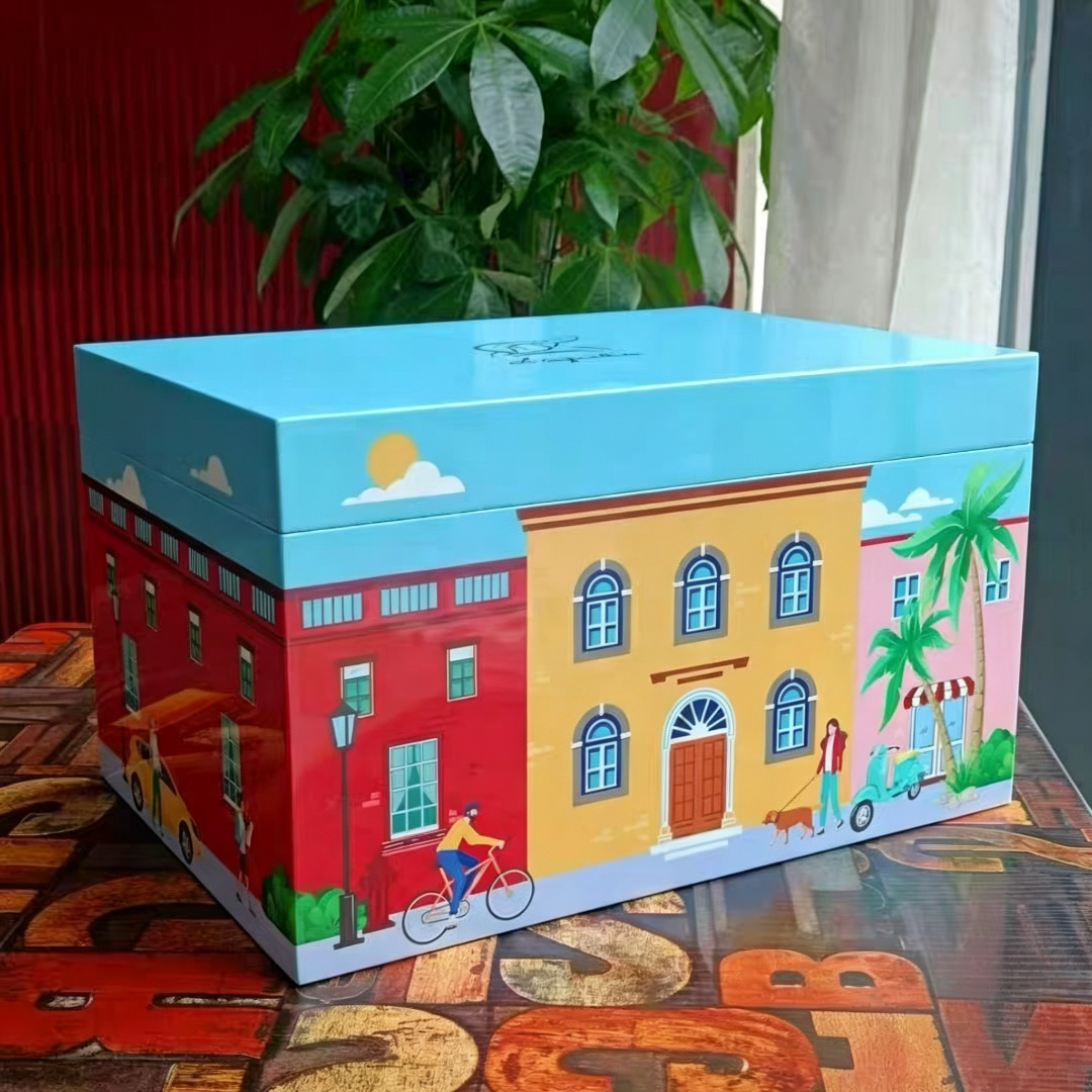 Colorful City Illustration Cigar Humidor | Spanish Cedar Lined