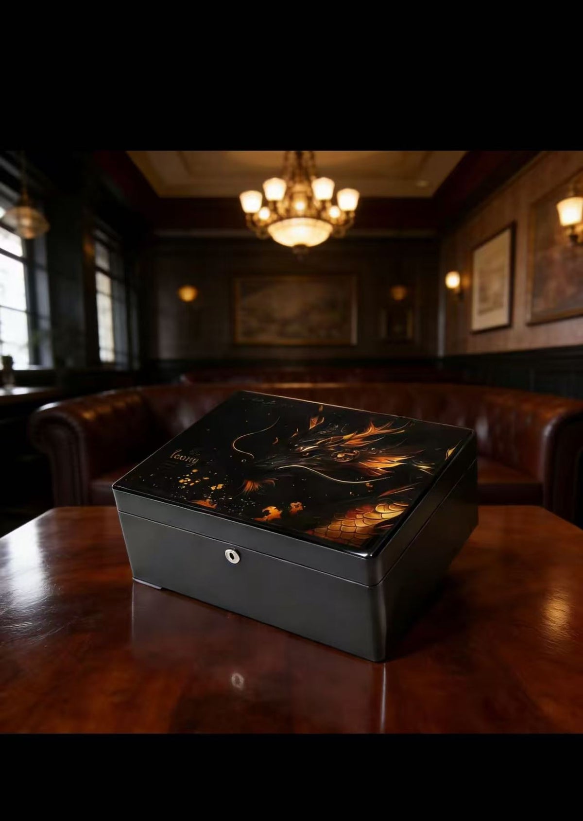 Divine Dragon Black & Gold Spanish Cedar Cigar Humidor - 30 Count with Lock