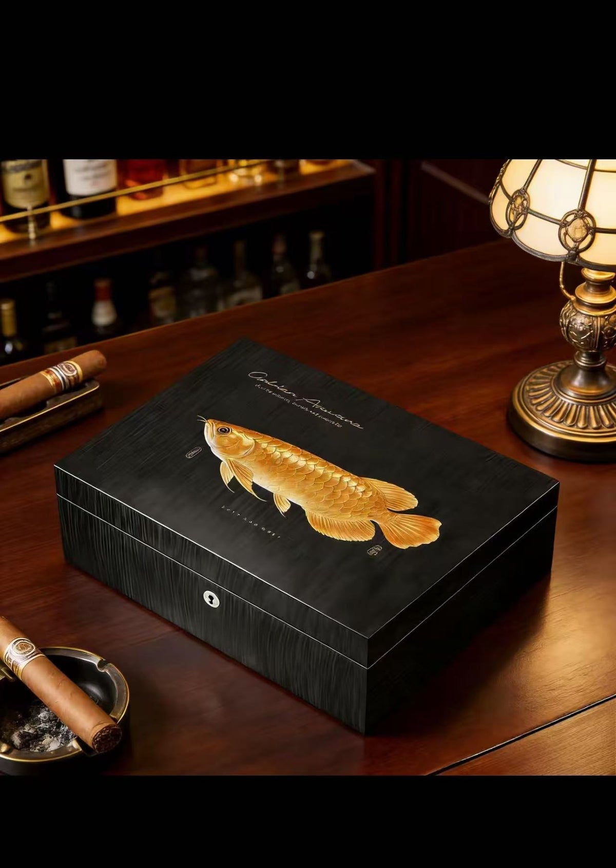 Golden Arowana Fish Spanish Cedar Cigar Humidor - 30 Count with Lock
