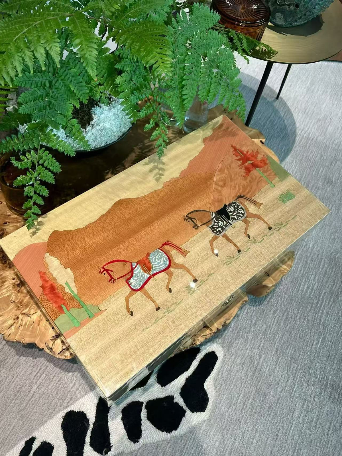 Handcrafted Wood Inlay Cigar Humidor | Twin Horses Desert Design | Spanish Cedar Lined with Hygrometer