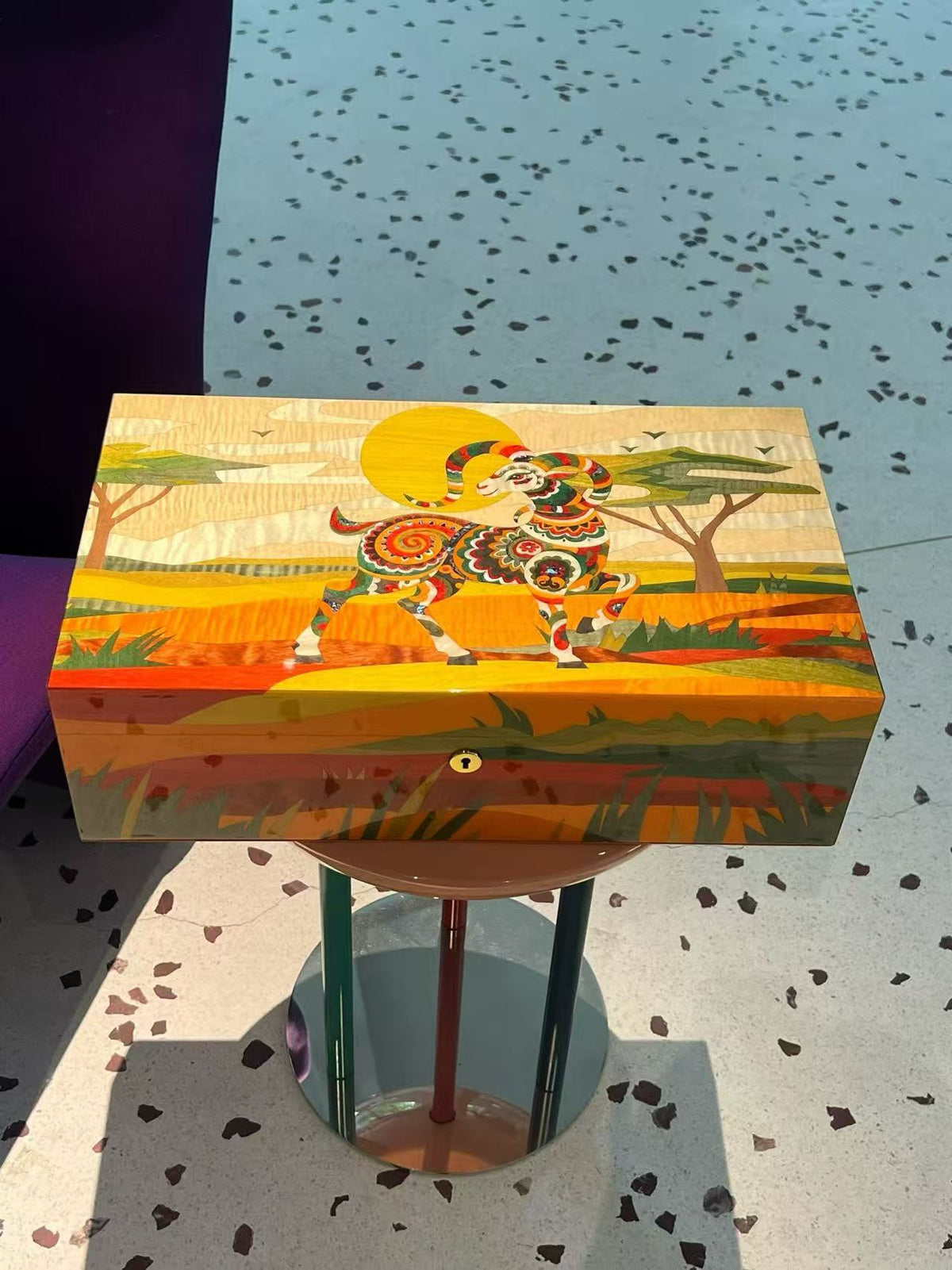 Handcrafted Wood Inlay Cigar Humidor - African Ram Sunset Design | Cedar Lined with Hygrometer