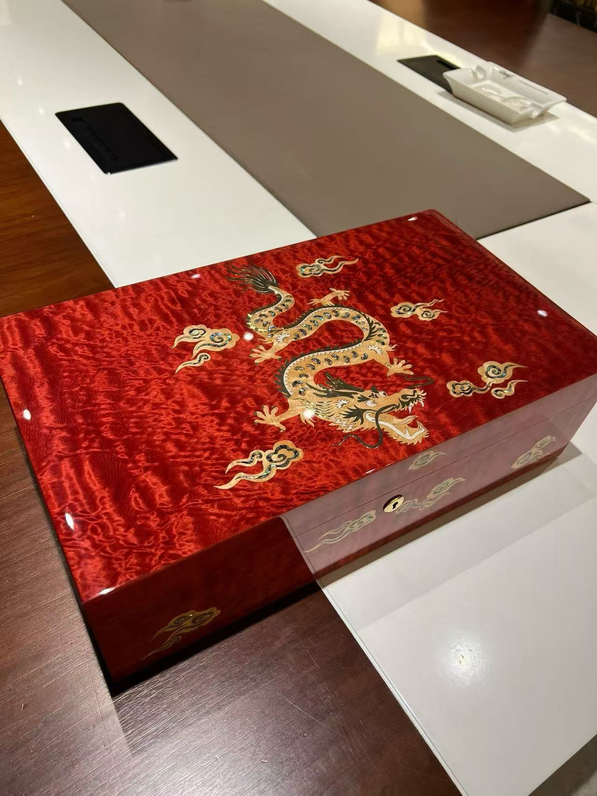 Handcrafted Wood Inlay Cigar Humidor - Golden Dragon Cloud Design | Cedar Lined with Hygrometer