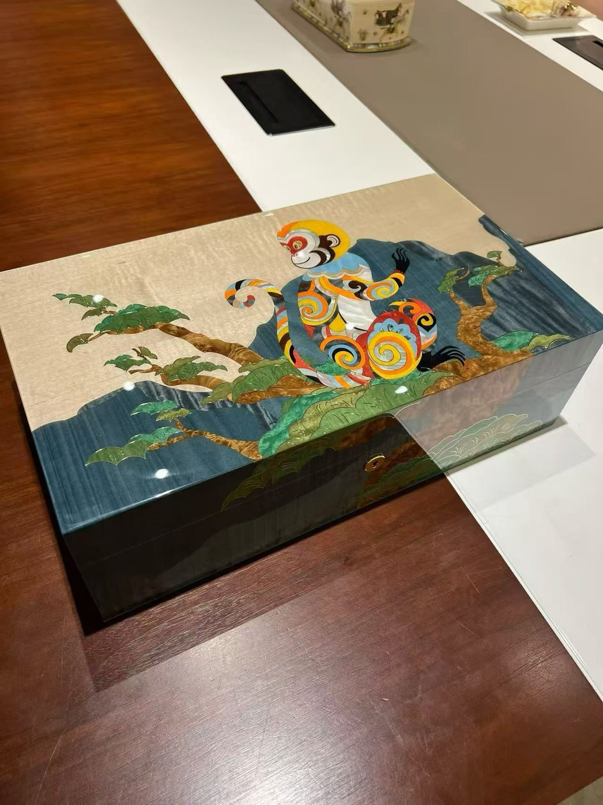 Handcrafted Wood Inlay Cigar Humidor - Monkey King Blue Design | Cedar Lined with Hygrometer