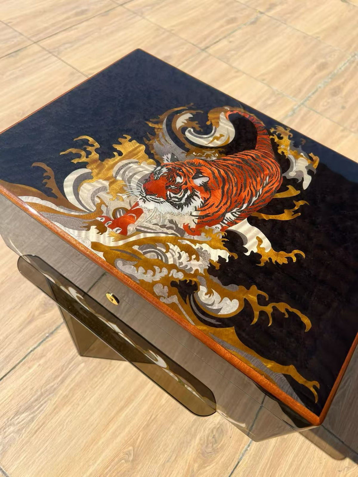 Handcrafted Wood Inlay Cigar Humidor - Tiger Wave Design | Cedar Lined with Hygrometer