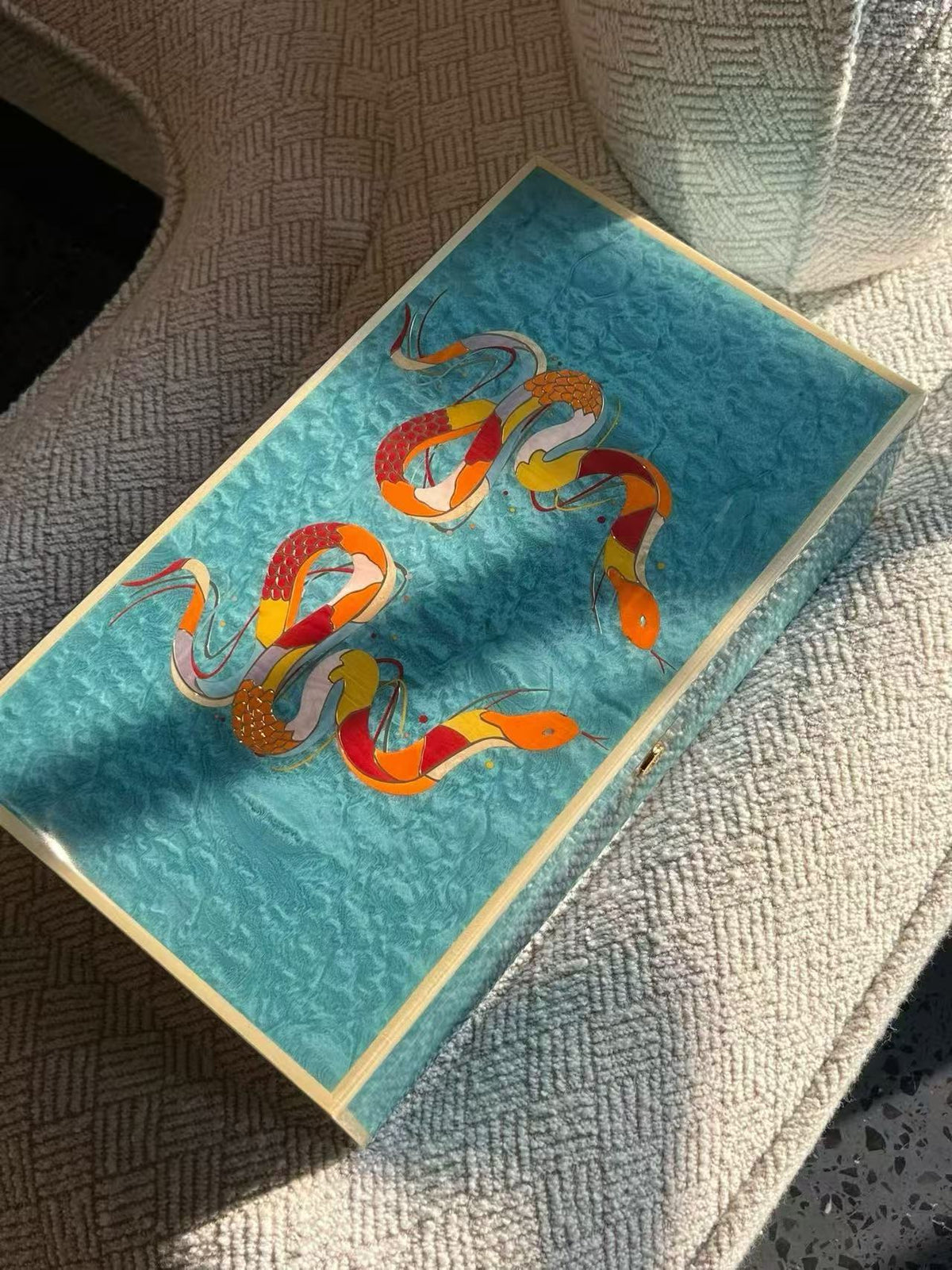 Handcrafted Wood Inlay Cigar Humidor - Twin Snake Blue Design | Cedar Lined with Hygrometer