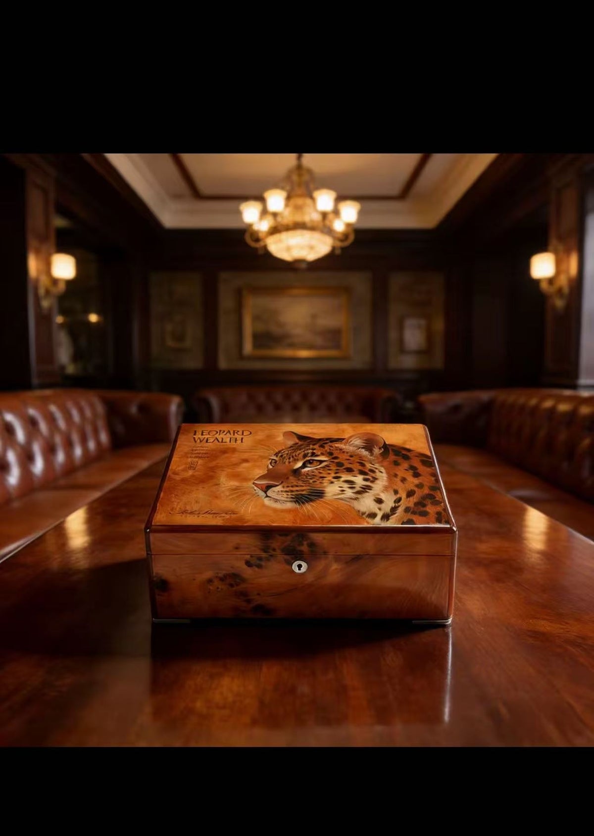 Leopard Design Burl Maple Spanish Cedar Cigar Humidor - 30 Count with Lock
